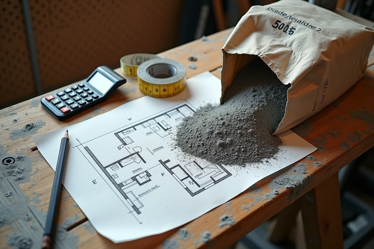Vue de dessus d'un établi avec plan de sol, sac de ciment ouvert et calculatrice pour dosage chape