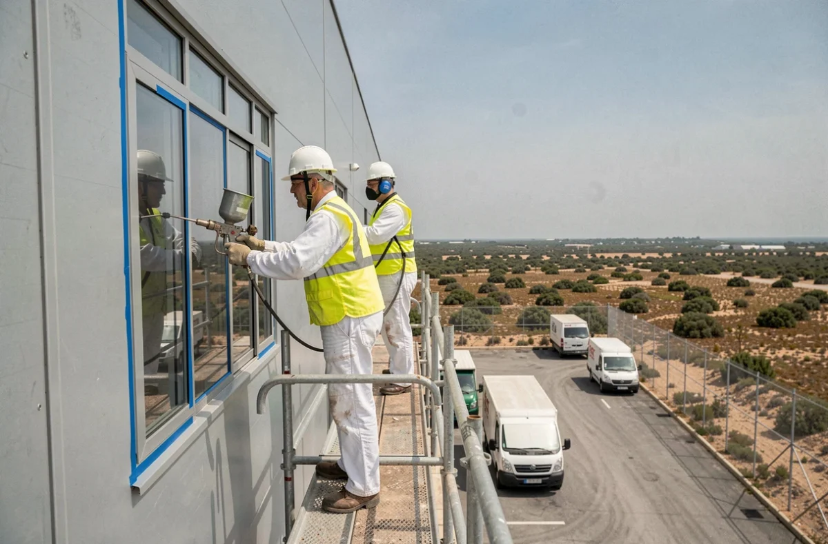 Deux peintres industriels des Etablissements Baget en équipement de sécurité appliquant une peinture par projection sur la façade d'un entrepôt commercial