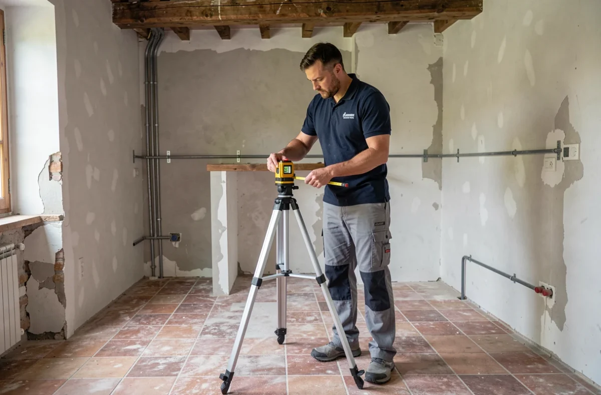 Artisan de l'entreprise Etap mesurant une cuisine en cours de rénovation avec un niveau laser dans une maison normande
