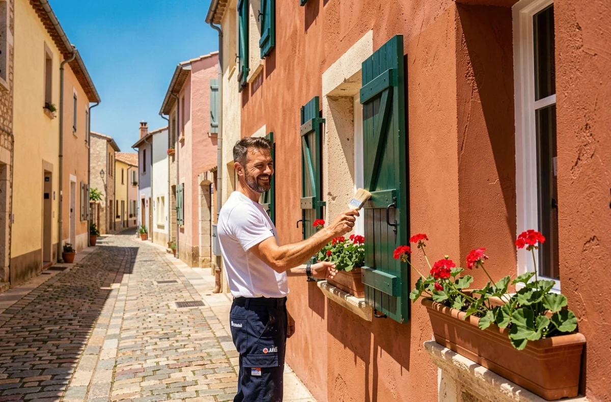 Peintre d'Ets Music Peinture appliquant une peinture façade couleur terracotta sur une maison de village provençal aux volets en bois vert