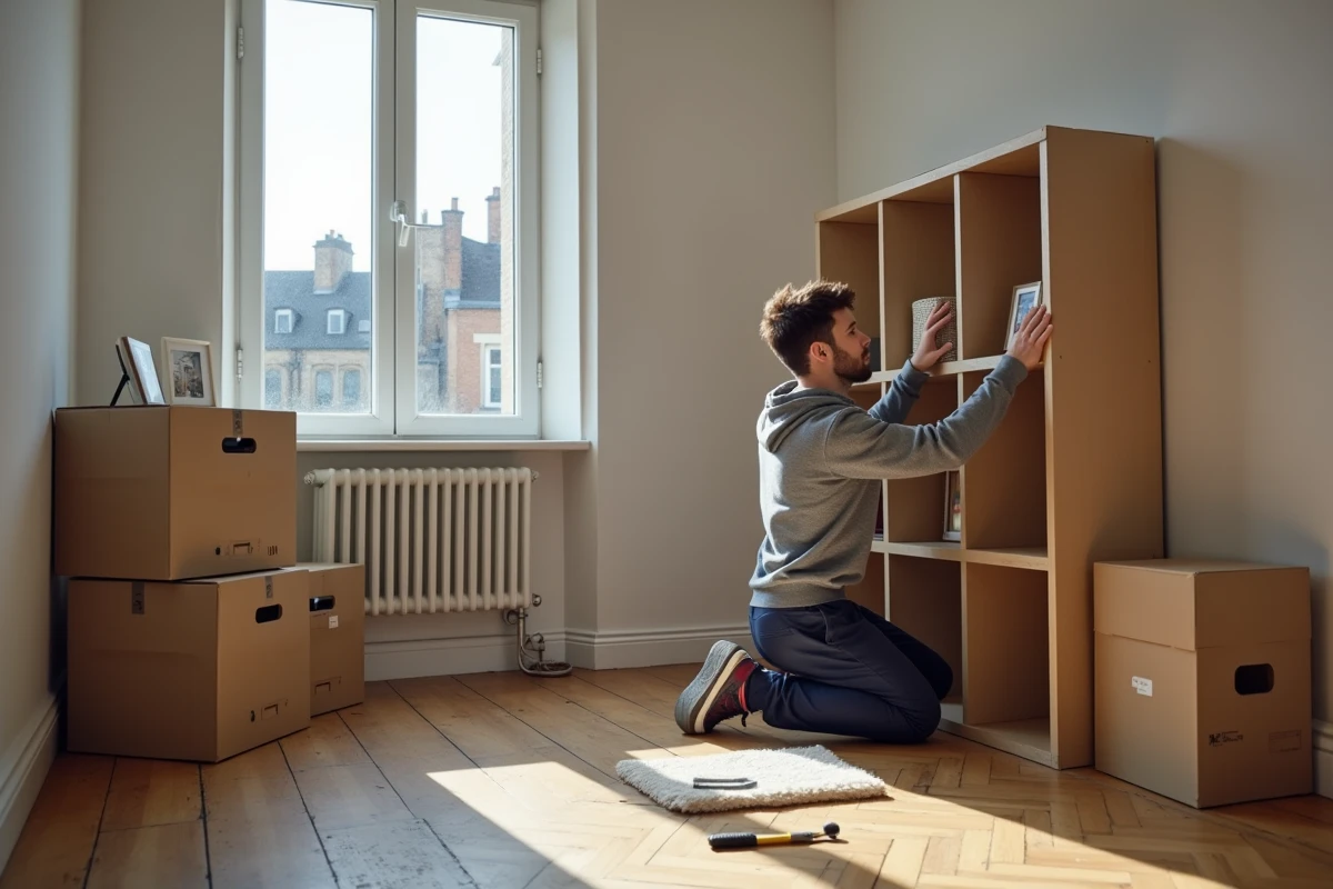 Étudiant assemblant un meuble en kit dans sa chambre universitaire pour un aménagement économique