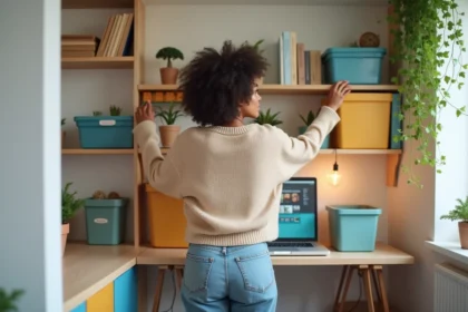 Étudiante qui organise des boîtes de rangement colorées dans un petit studio aménagé à petit prix