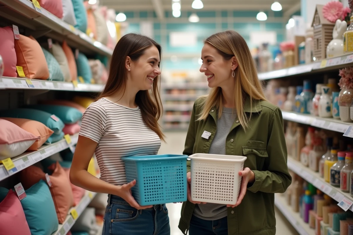 Deux étudiantes comparant des paniers de rangement dans un magasin discount de décoration pour leur logement