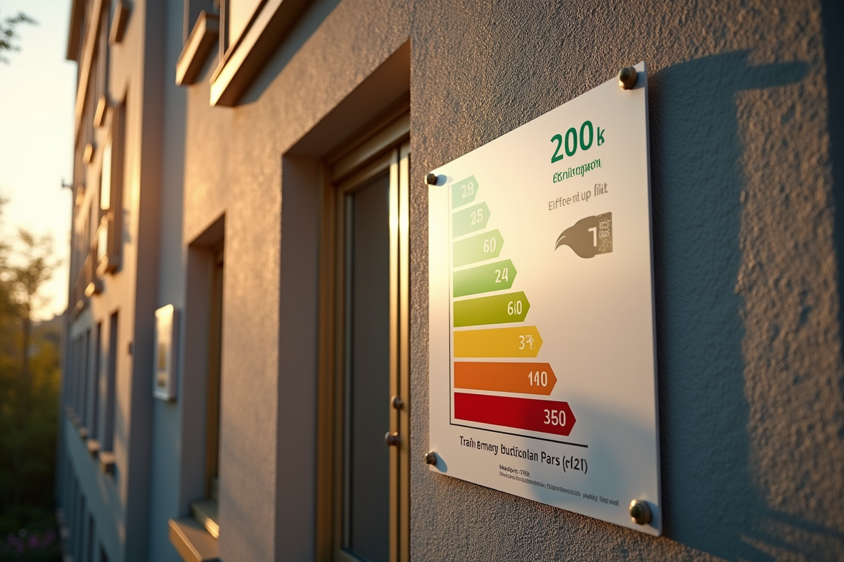 Façade d un immeuble avec panneau d efficacité énergétique en évidence