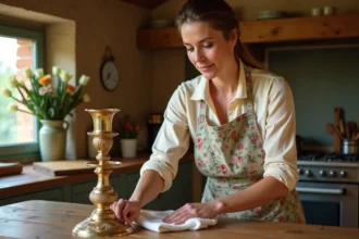 Femme qui fait briller un chandelier en laiton avec un chiffon dans une cuisine rustique française