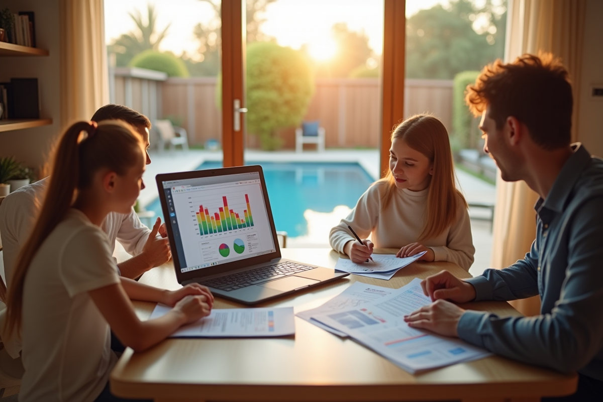 Famille autour de la table avec facture d electricite et piscine en arrière plan