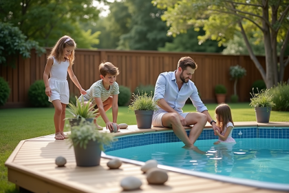 Famille avec enfants autour d'une piscine dans un jardin