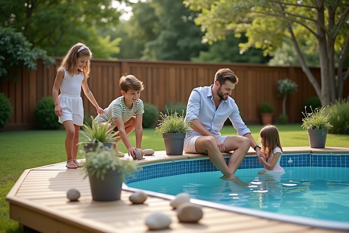 Famille avec enfants autour d'une piscine dans un jardin