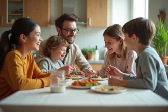 Famille souriante autour d'une table dans une cuisine chaleureuse