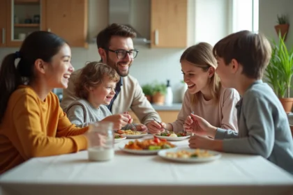 Famille souriante autour d'une table dans une cuisine chaleureuse