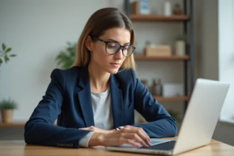 Femme consultant un site immobilier en ligne sur son ordinateur portable dans un bureau moderne pour sécuriser un achat immobilier