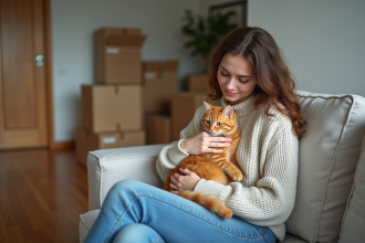 Femme réconfortant son chat orange dans un salon récent