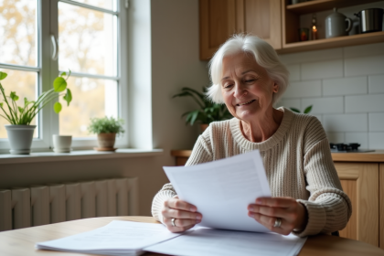 Femme d'âge moyen consulte ses factures dans la cuisine