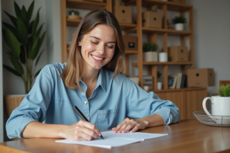 Femme remplissant documents de changement d'adresse à la maison