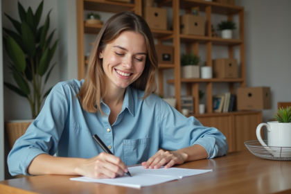 Femme remplissant documents de changement d'adresse à la maison