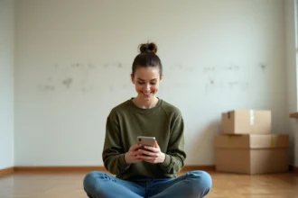 Femme consultant une checklist déménagement sur smartphone assise sur des cartons dans un appartement vide