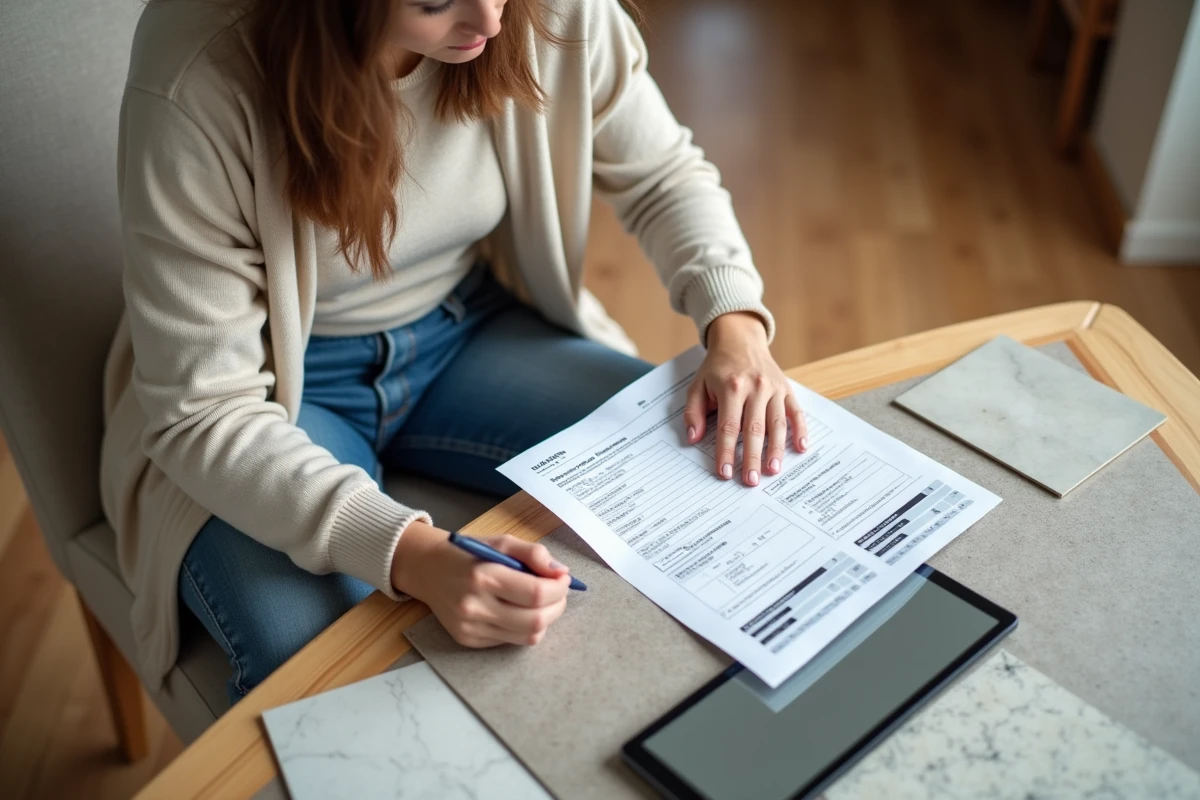Jeune femme comparant devis de carrelage intérieur