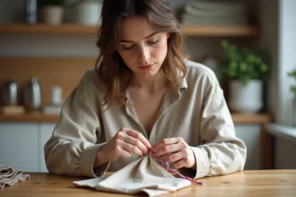Jeune femme cousant une petite pochette en tissu avec un cordon coloré