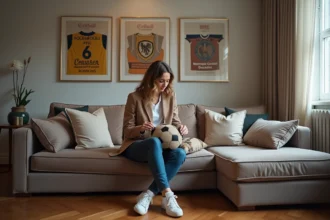 Femme élégante arrangeant des coussins football dans un salon moderne