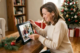 Femme découvrant un cadre photo connecté comme cadeau de Noël dans un salon décoré avec des ornements festifs