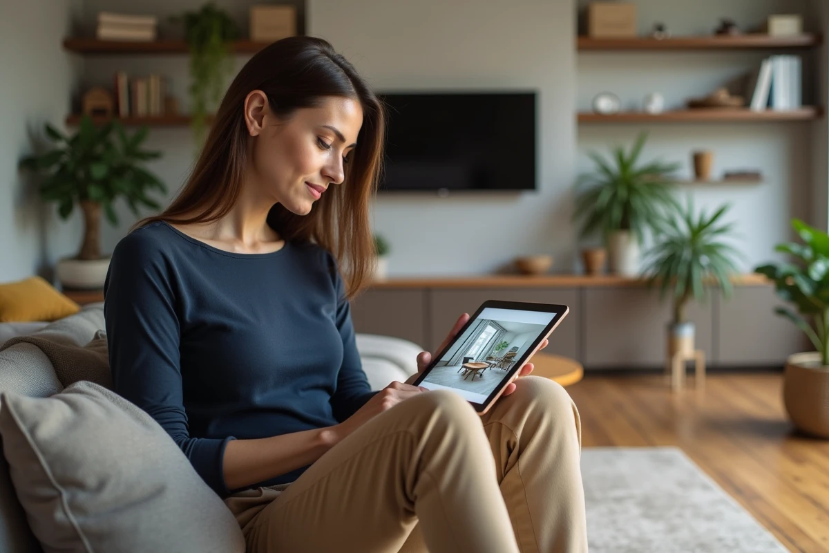 Femme assise avec tablette design interieur cosy
