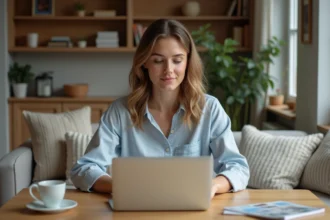 Femme utilisant un logiciel de design intérieur à la maison