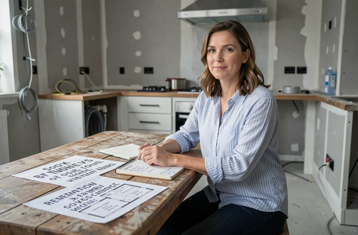 Femme particulier analysant des devis et tarifs de rénovation de cuisine à domicile