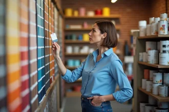Femme examine un échantillon de peinture dans un magasin