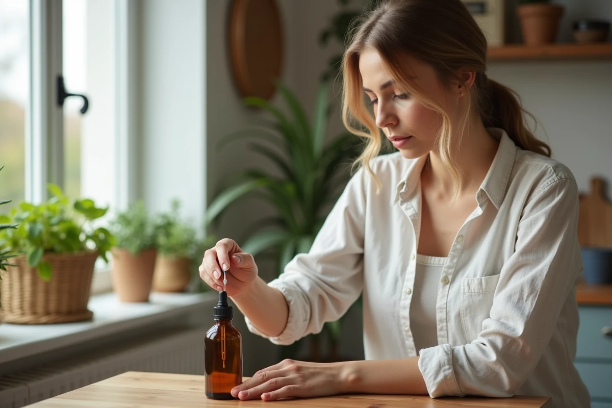 Femme mélangeant huiles essentielles dans une cuisine lumineuse