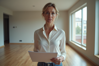 Femme d'âge moyen en tenue professionnelle dans un salon vide