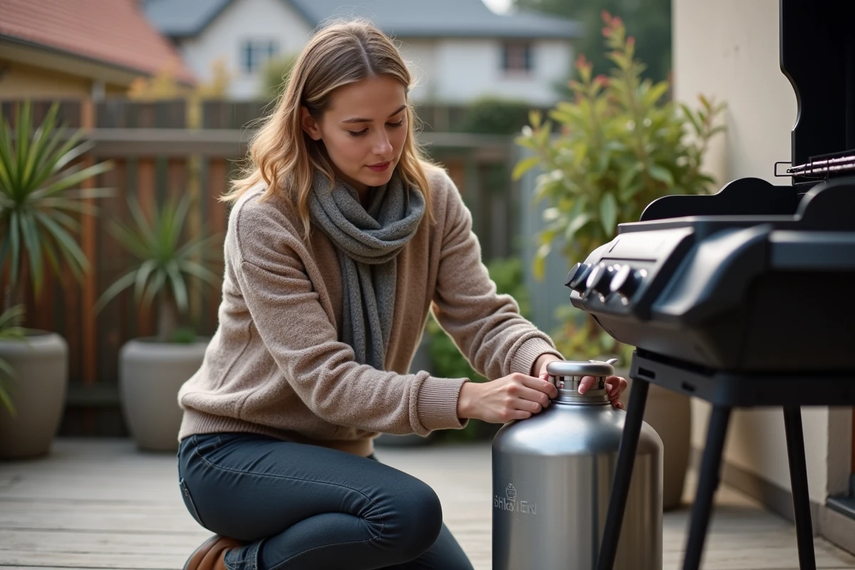 Femme installant une bouteille de gaz sur un barbecue