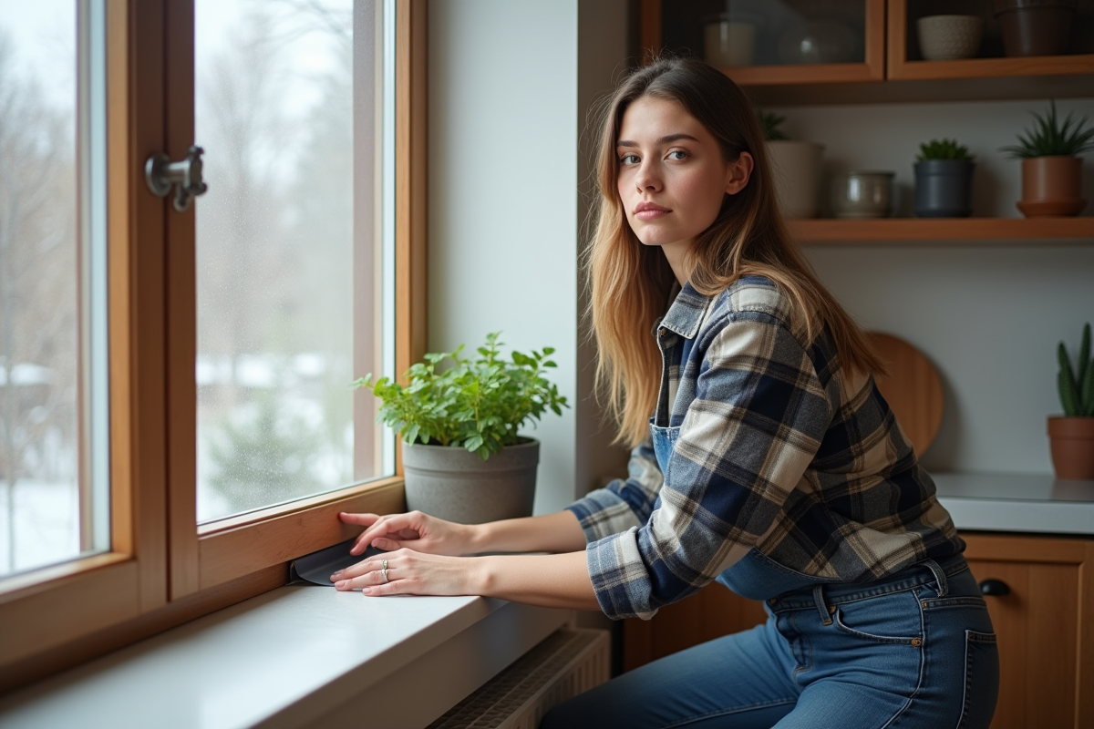 Jeune femme scellant une fenêtre avec du calfeutrage dans une cuisine lumineuse