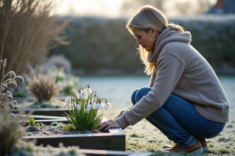 Femme en jardin d'hiver examinant des hellebores gelés