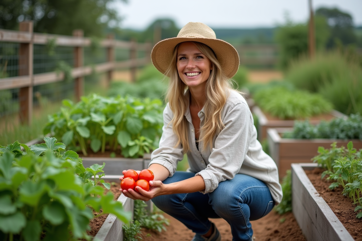 Femme récoltant des tomates dans un jardin bio en plein air