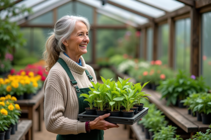Femme souriante dans un centre de jardinage avec des plantes