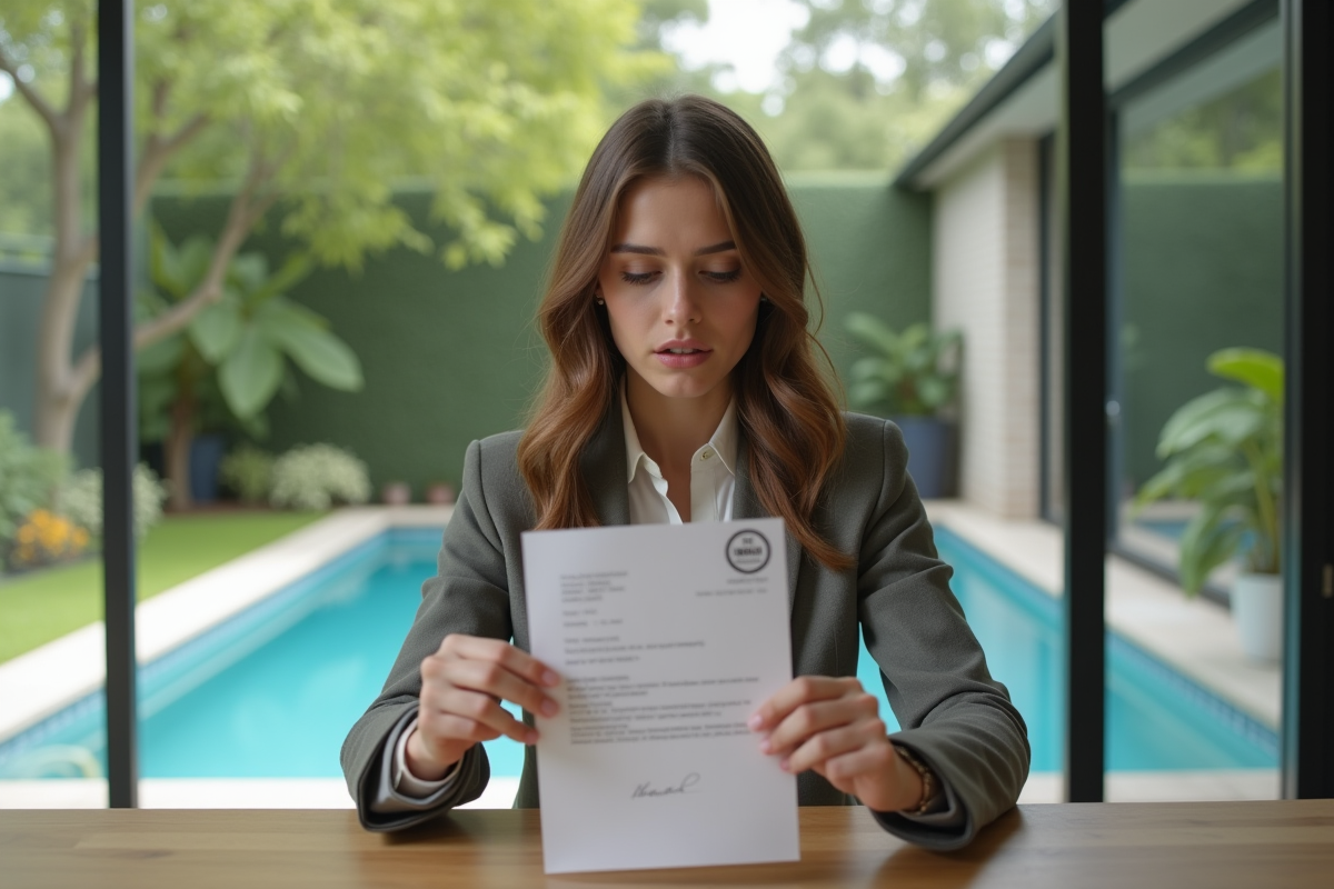 Jeune femme lisant une lettre dans la cuisine avec la piscine en arrière-plan