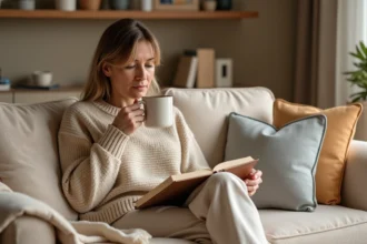 Femme assise dans un salon cosy avec tasse de cafe