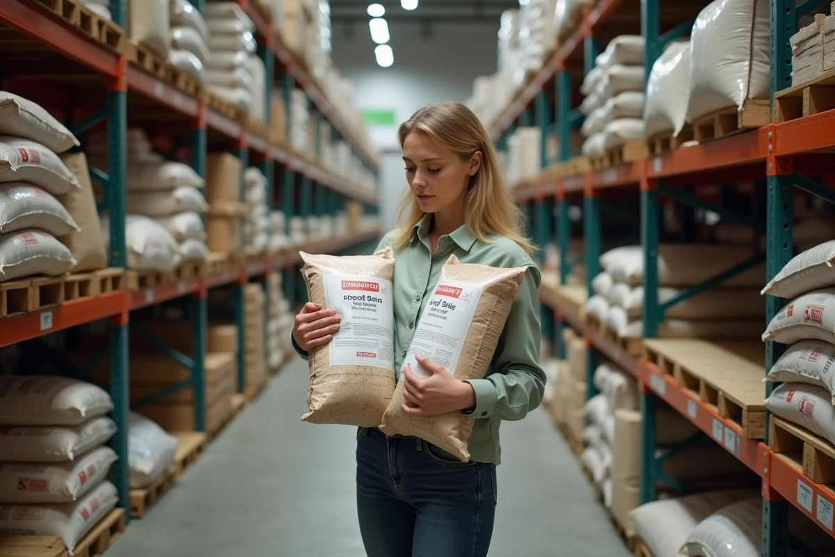 Femme dans un magasin de bricolage comparant des sacs de ciment pour calculer le bon dosage de chape