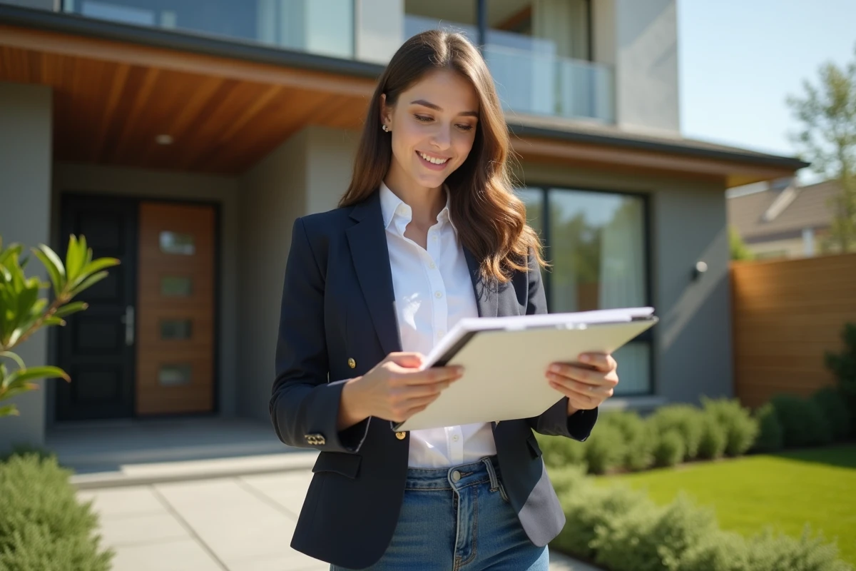 Jeune femme devant une maison de banlieue avec dossier en main