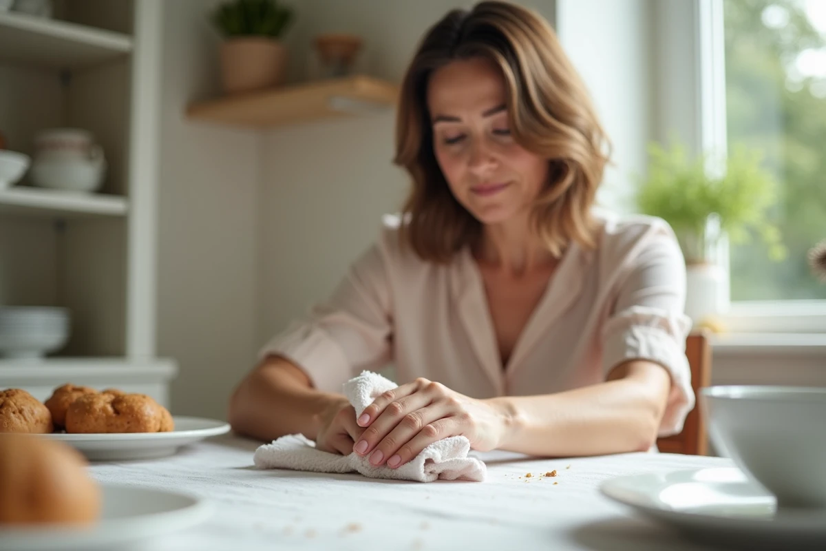 Femme essuyant une tache sur une nappe en tissu naturel