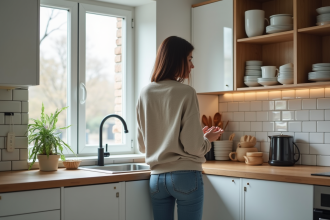 Femme organisée dans une cuisine moderne et rénovée