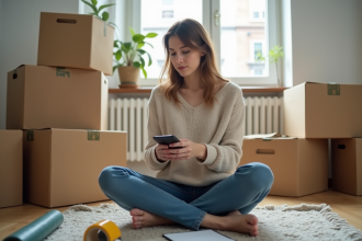 Jeune femme organisée avec cartons et notepad pour déménagement