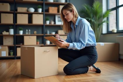 Jeune femme professionnelle examine des cartons d'emballage