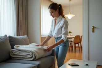 Jeune femme arrangeant une couverture dans un salon moderne