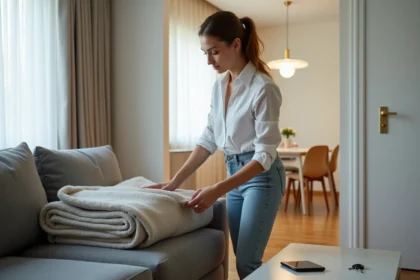 Jeune femme arrangeant une couverture dans un salon moderne