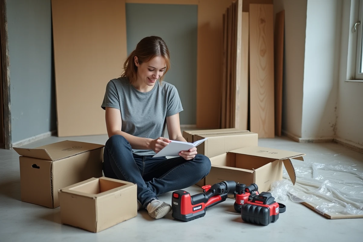 Femme bricolant à domicile en comparant des outils Erbauer lors d'une rénovation intérieure