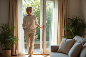 Femme souriante ouvrant une grande fenêtre moderne dans un salon lumineux