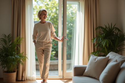 Femme souriante ouvrant une grande fenêtre moderne dans un salon lumineux