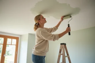 Femme peignant un plafond avec rouleau dans un salon