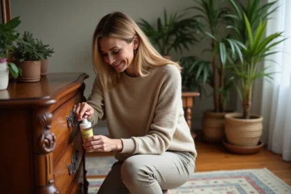 Femme appliquant cire sur un meuble ancien en bois